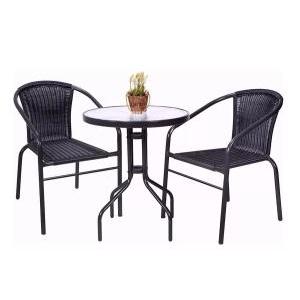Juego Patio mesa vidrio 60cm + 2 sillas Ratan Marron/Negro